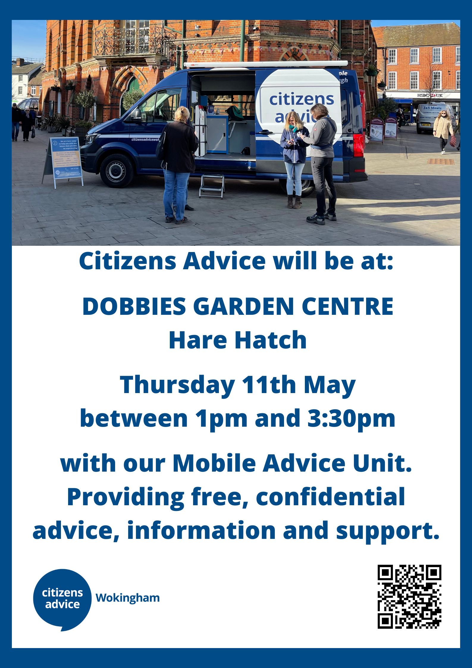 Information poster for Citizens Advice Wokingham visit to Dobbies Hare Hatch on 11 May 2023 