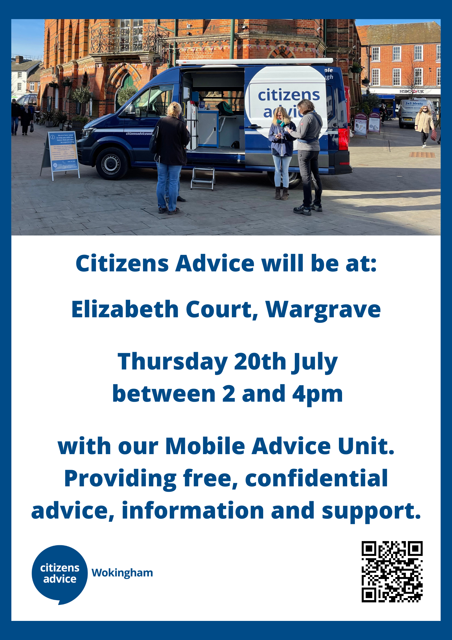 Citizens Advice Wokingham mobile advice visit to Elizabeth Court, Wargrave, 20 July 2023