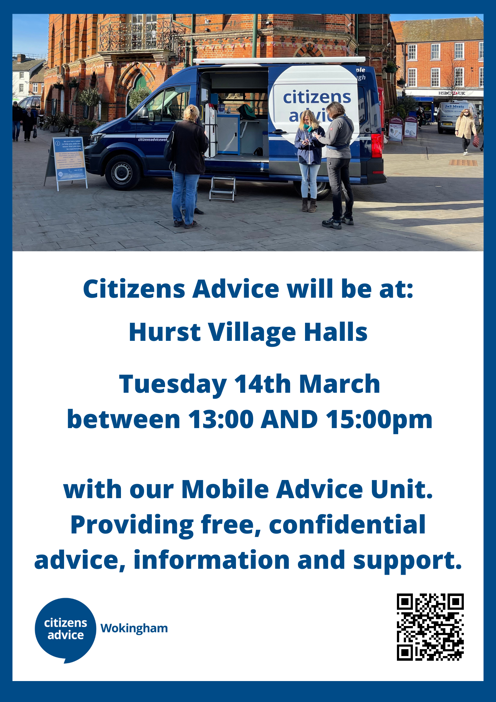 Citizens Advice poster for mobile unit visit to Hurst on 14 March 2023