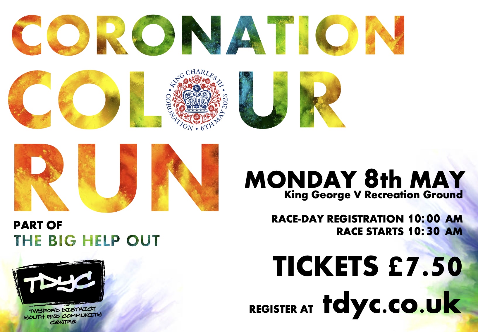 Publicity poster for the Coronation Colour Run supporting Twyford Youth Centre on 8 May 2023